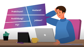 Screenshot zum Video: eine junge Comicfigur vor dem Notebook. Neben ihr sind folgende Kacheln zu sehen: Praktikum?, Ausland?, Ausbildung?, FSJ?, Jobben?