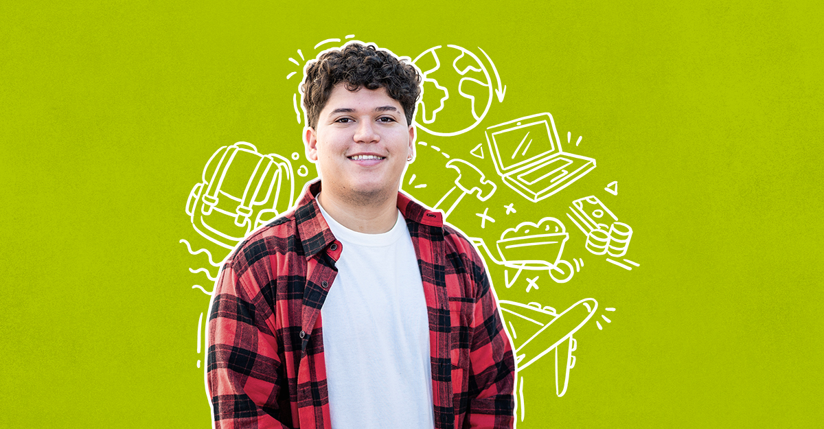 Bild: der Jugendliche Enno mit schwarzen lockigen Haaren vor grünem Hintergrund