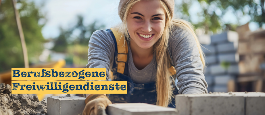 Foto: Fröhlich lächelnde junge Frau in Arbeitskleidung mauert und schaut dabei in die Kamera. Schriftzug: Berufsbezogene Freiwilligendienste.