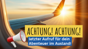 Blick aus dem Flugzeugfenster. Unten links ist eine Grafik eines Megaphons platziert und am unteren Bildrand steht Text
